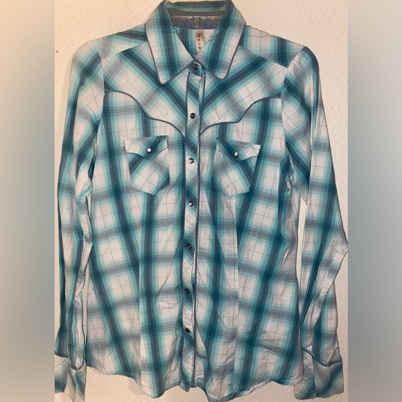 Roper Turquoise Striped Button Down, Yoked Pearl Snap Ladies Shirt,Size Medium - Picture 1 of 12